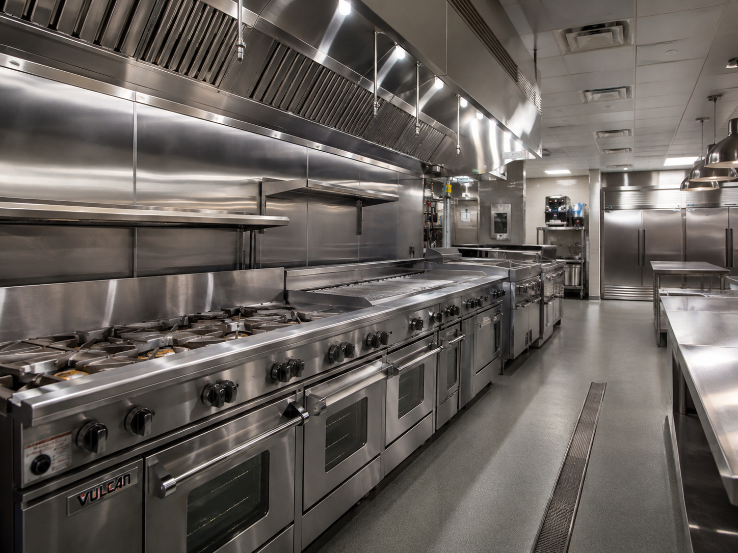 Stainless steel commercial kitchen line